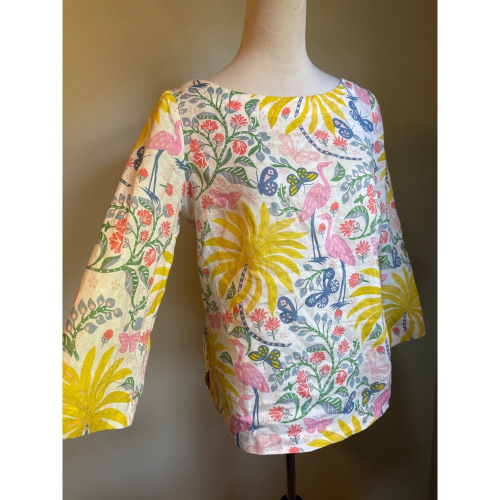 Boden Flamingo Tropical Linen Pink Yellow US 4 UK 8 dainty whimsi beach boho blu